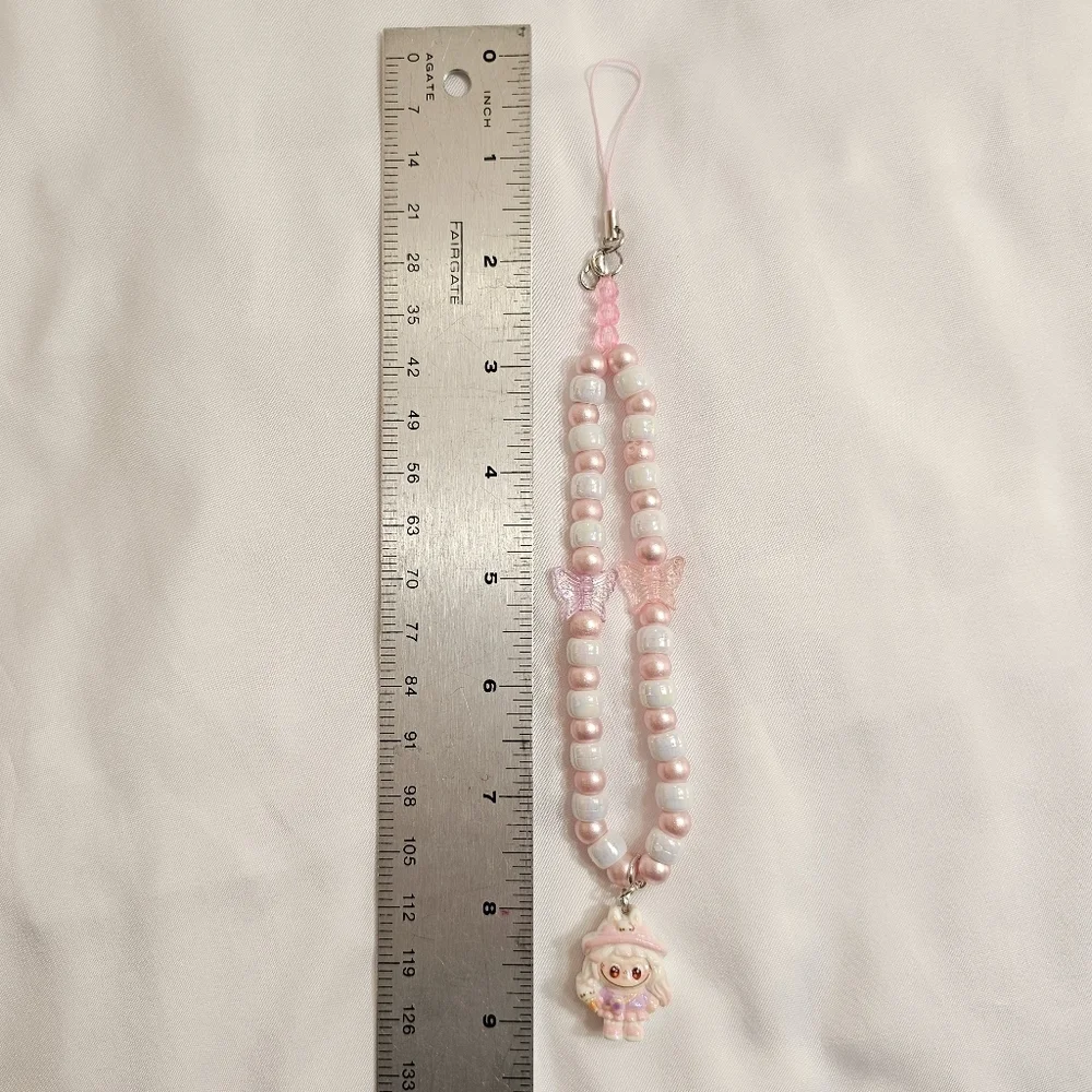 Pastel Pink Girly  Beaded Labubu Phone Charm or Wrist Strap
